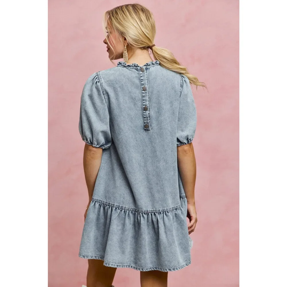 SO ME Denim Short Sleeves Mini Tiered Dress - Picture 15 of 15